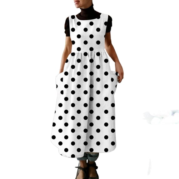 Bosfbaoi Women's Sleeveless Polka Dot Maxi Dress, Pinafore Style Loose Fit Dress with Pockets, Soft Breathable Casual Sundress for Daily Wear