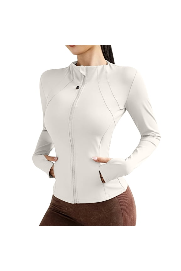Women's Stand Collar Full Zip Long Sleeve Athletic Jacket, Slim Fit Stretchy Breathable Workout Top, Thumbhole Pocket Outerwear for Yoga Gym Daily