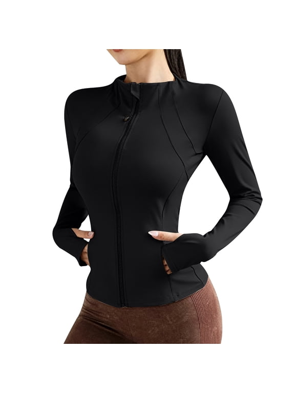Women's Stand Collar Full Zip Long Sleeve Athletic Jacket, Slim Fit Stretchy Breathable Workout Top, Thumbhole Pocket Outerwear for Yoga Gym Daily