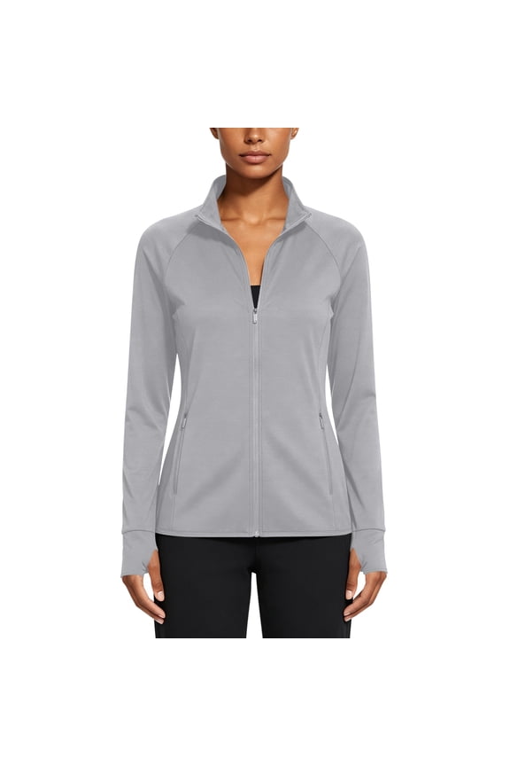 Women's Stand Collar Full Zip Long Sleeve Athletic Jacket, Stretchy Breathable Moisture Wicking Outerwear, Zipper Pocket Thumbhole Coat for Gym Running Hiking