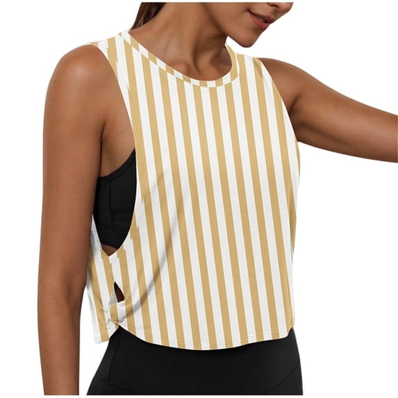 Bosfbaoi Women's Striped Print Cropped Tank Tops Round Neck Side Cutout Athletic Workout Shirts, Sizes S-2XL