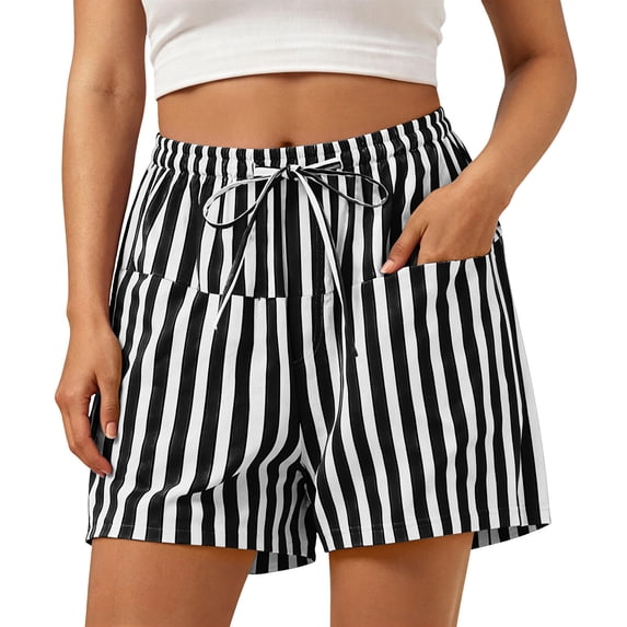 Bosfbaoi Women's Striped Shorts Drawstring Loose Fit Elastic Waist Lounge Shorts Summer Boardwalk Shorts with Pockets