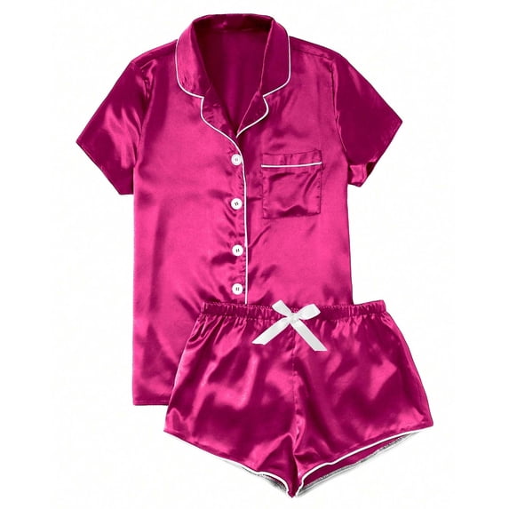 Bosfbaoi Women's Striped Silky Satin Pajamas Short Sleeve Top with Shorts Sleepwear PJ Set