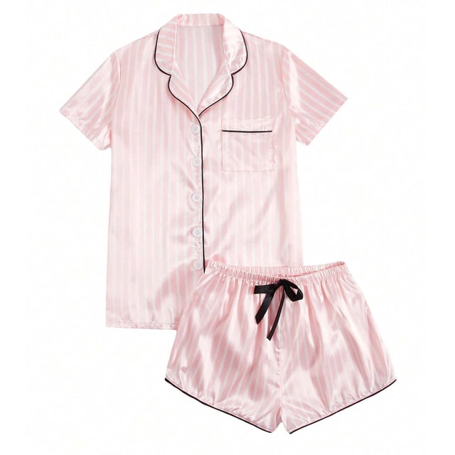 Bosfbaoi Women's Striped Silky Satin Pajamas Short Sleeve Top with Shorts Sleepwear PJ Set