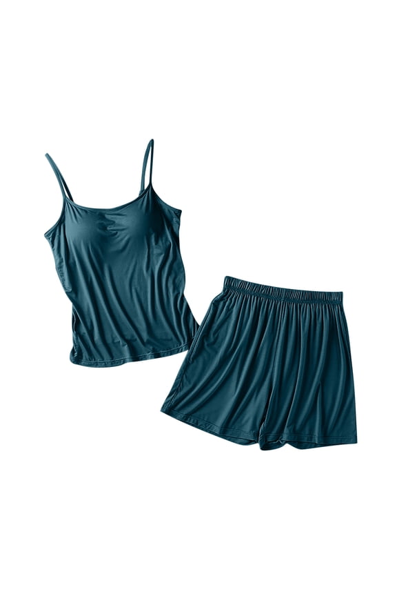 Women's Summer Pajama Sets Solid Color Halter Top With Chest Pads Elastic Waist Capri Pants Casual At Home Pajama Set