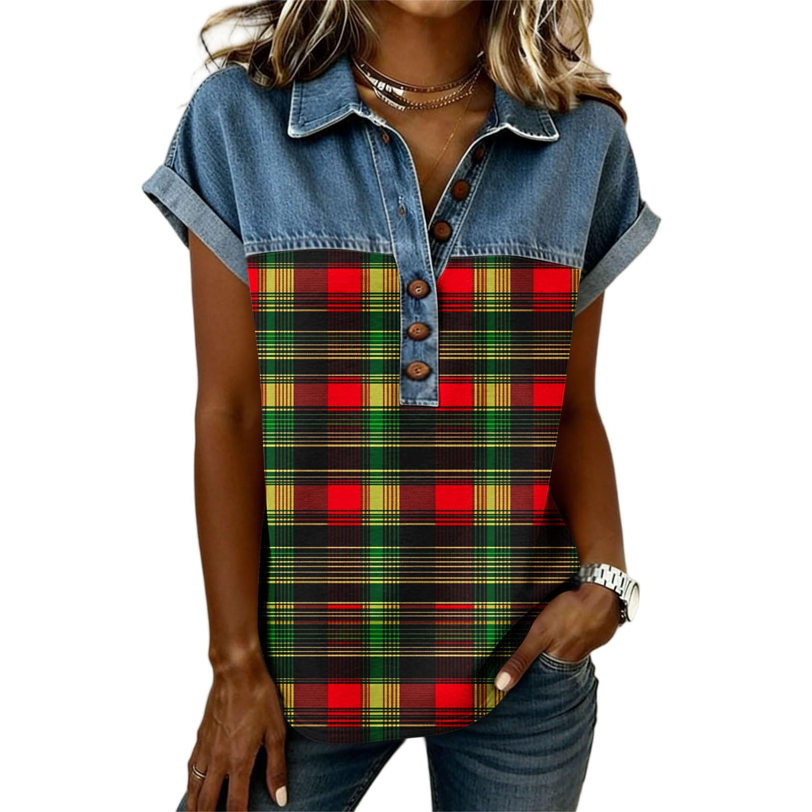 Bosfbaoi Women's Summer Solid Color Plaid Denim Blouse, Casual Loose ...