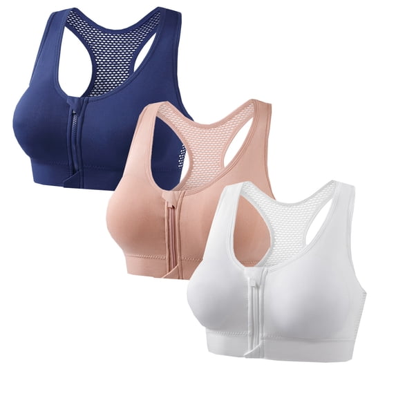Bosfbaoi Women's Zip Front Sports Bra, 3 Pack Mesh Breathable Racerback Bra, High Impact Support Workout Yoga Bralette, Size S-XXXXL