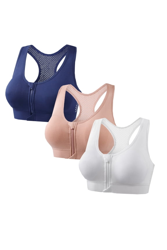 Women's Zip Front Sports Bra, 3 Pack Mesh Breathable Racerback Bra, High Impact Support Workout Yoga Bralette, Size S-XXXXL