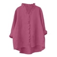 thumbnail image 1 of Bosfbaoi Womens Blouse Ruffled V Neck Button Down Oversized Rolled Long Sleeve Solid Linen-Look Casual Tops for Women, 1 of 6
