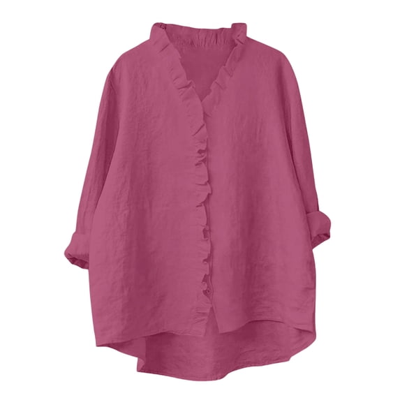 Bosfbaoi Womens Blouse Ruffled V Neck Button Down Oversized Rolled Long Sleeve Solid Linen-Look Casual Tops for Women