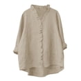 thumbnail image 1 of Bosfbaoi Womens Blouse Ruffled V Neck Button Down Oversized Rolled Long Sleeve Solid Linen-Look Casual Tops for Women, 1 of 5