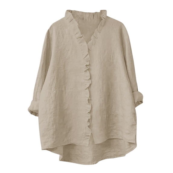 Bosfbaoi Womens Blouse Ruffled V Neck Button Down Oversized Rolled Long Sleeve Solid Linen-Look Casual Tops for Women