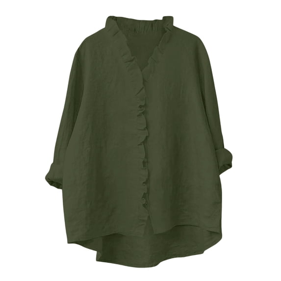 Bosfbaoi Womens Blouse Ruffled V Neck Button Down Oversized Rolled Long Sleeve Solid Linen-Look Casual Tops for Women