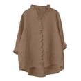 thumbnail image 1 of Bosfbaoi Womens Blouse Ruffled V Neck Button Down Oversized Rolled Long Sleeve Solid Linen-Look Casual Tops for Women, 1 of 6