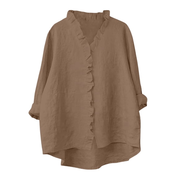 Bosfbaoi Womens Blouse Ruffled V Neck Button Down Oversized Rolled Long Sleeve Solid Linen-Look Casual Tops for Women