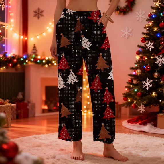 Bosfbaoi Womens Pajama Pants, Christmas Pajamas Women's Sleepwear, Woment's Pants Printing Warm Pajama Sleep Pants Fleece Sleepwear with Pockets