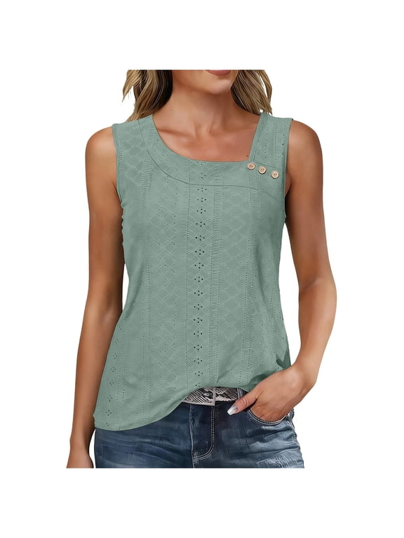 Womens Tank Tops, Summer Sleeveless Loose Fit Pleated Shirts Square Neck Tunics Eyelet Flowy Tees, Camisole Tops for Women