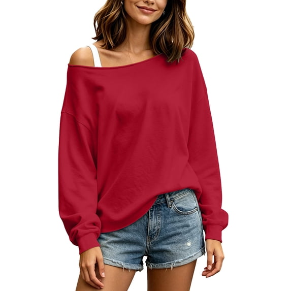 Bosfbaoi Womens Tops Off Shoulder Long Sleeve Oversized Loose Casual Sweatshirt