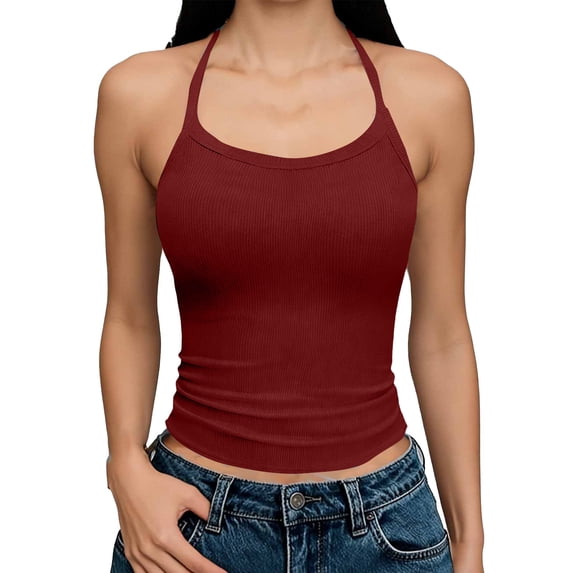 Bosfbaoi Womens Tops Ribbed Halter Tank Top Form-Fitting Sleeveless Neck-Hold Camisole Summer Tops for Women