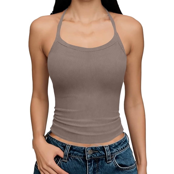 Bosfbaoi Womens Tops Ribbed Halter Tank Top Form-Fitting Sleeveless Neck-Hold Camisole Summer Tops for Women