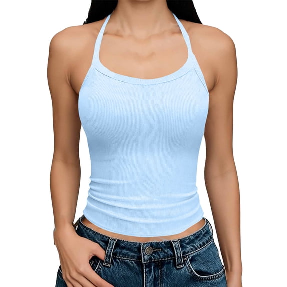 Bosfbaoi Womens Tops Ribbed Halter Tank Top Form-Fitting Sleeveless Neck-Hold Camisole Summer Tops for Women