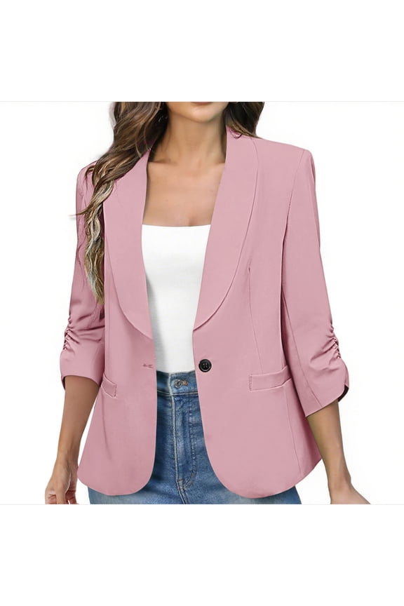 Womens Tops Soft Stretchy Lightweight Cardigan Blazer One Button 3/4 Ruched Sleeve Business Casual Blazer Jackets