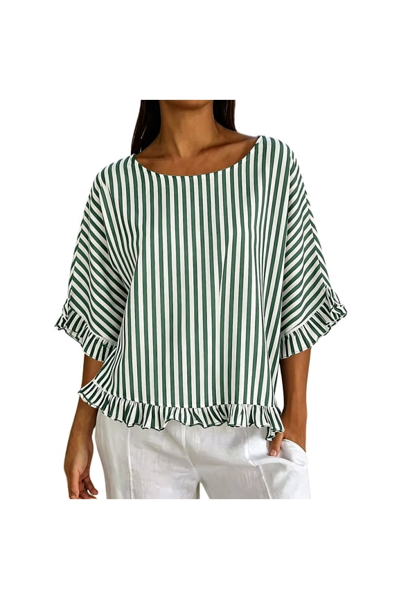Womens Tops Striped Ruffle Trim Blouse 3/4 Sleeve Round Neck Casual Top Loose Fit Women's Clothing