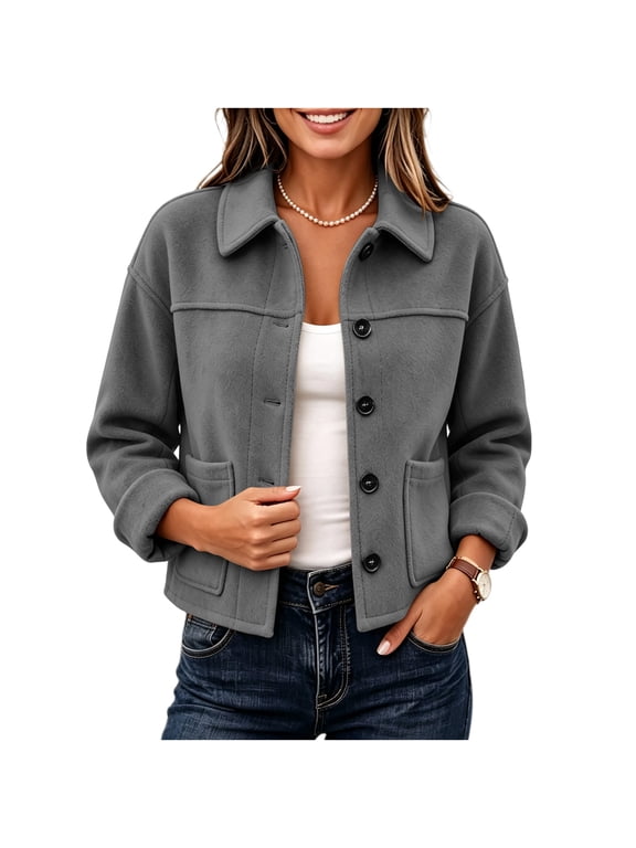 Wool Blend Cropped Jacket for Women Lapel Collar Button Down Long Sleeve Coat with Front Pockets