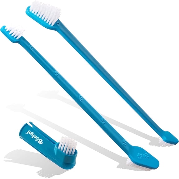 BOSHEL Dual-Headed Dog Toothbrush Pack, 2 Long-Handled Brushes + 1 Finger Toothbrush