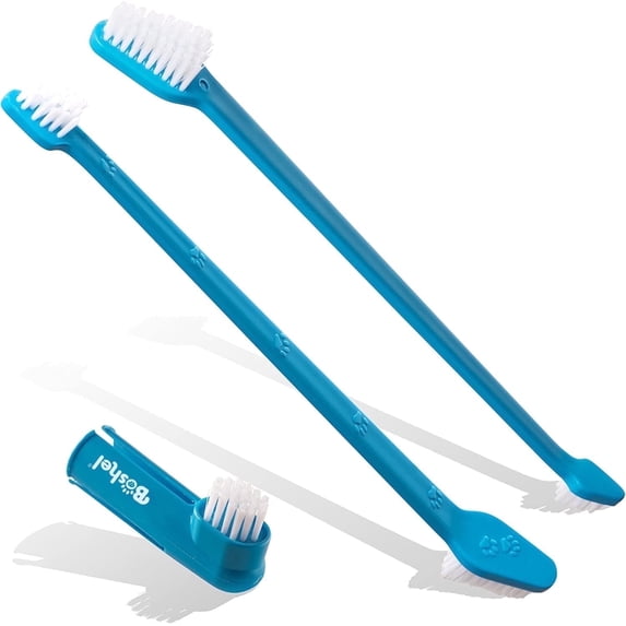 BOSHEL Dual-Headed Dog Toothbrush Pack, 2 Long-Handled Brushes + 1 Finger Toothbrush