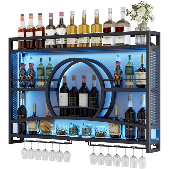 Boshen 3-Tiers 46in Wine Rack Wall Mounted with LED Light, Sunset Shape Hanging Bar Liquor Wall Shelves with Glass Holder Metal Display Rack for Kitchen Coffee Dining Room Home, No Assembly Required