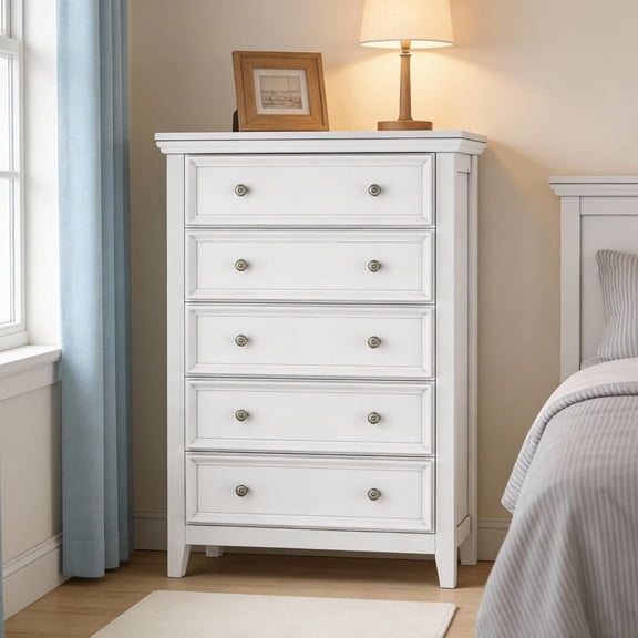 Boshiro Tall Dresser for Bedroom, 5 Drawer Dresser, Chest of Drawers, Organizer Drawers, for Hallway Entryway, White