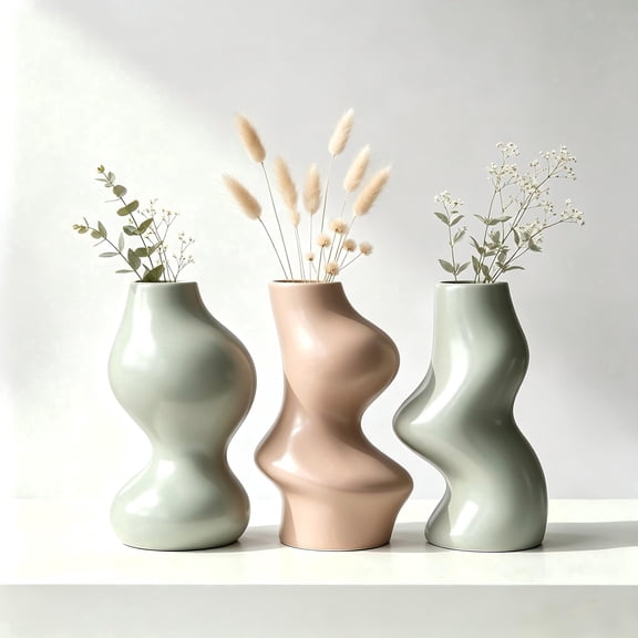BosilunLife 6.2'' Ceramic Vase, Modern Vase Set of 3, Boho Vase, Recycled Clay, Wavy Ceramic Vase for Table Centerpiece, Decorative Vase for Dining Table, Bedroom, Living Room