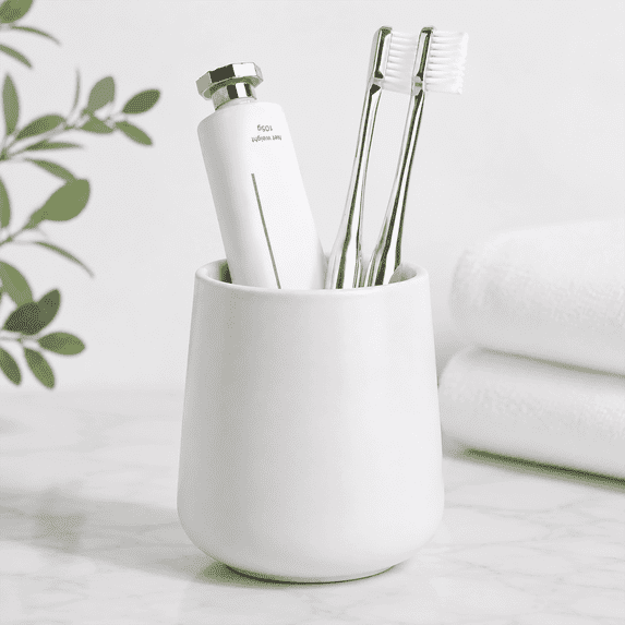 BosilunLife Rounded Ceramic Toothbrush Holder for Bathroom Countertop, 14 fl oz Toothbrush and Toothpaste Holder, Matte White