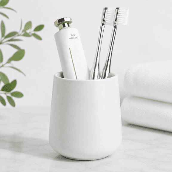 BosilunLife 14oz White Matte Toothbrush Holder, Recyclable Ceramic Toothbrush Cup for Electric Toothbrushes and Razors, Mouthwash Cup for Bathroom Countertop