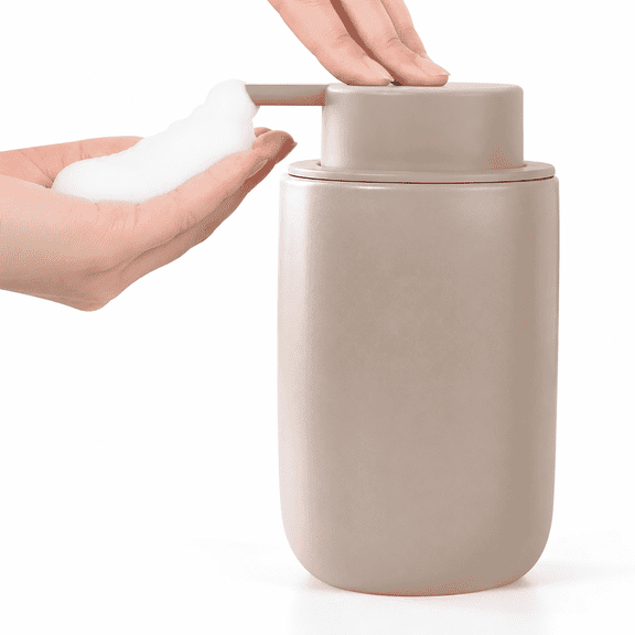 BosilunLife 12 oz Ceramic Foaming Soap Dispenser - Foaming Hand Soap Dispenser for Bathroom, Refillable Liquid Lotion Soap Dispenser with Rust-proof Foaming Pump (Cylinder, Khaki)