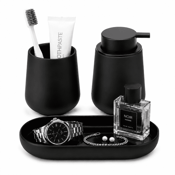 BosilunLife 3 Pack Matte Black Ceramic Soap Dispenser Set, Refillable Hand Soap and Lotion Pumps for Bathroom Vanity Countertop