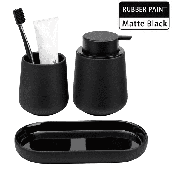 BosilunLife 3 Pack Bathroom Accessory Set, Soft-Touch Matte Finish, Ceramic Liquid Soap Dispenser Set, Refillable Hand Soap and Lotion Pumps for Bathroom Vanity Countertop, Black