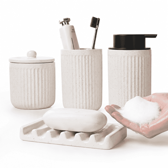 Bosilunlife 4Pack Bathroom Accessories Set, Matte Ceramic Foaming Soap Dispenser Set, Foaming Hand Soap Dispenser Set, Toothbrush Holder, Soap Dish, Cotton Ball Holder (Off-White Freckles)