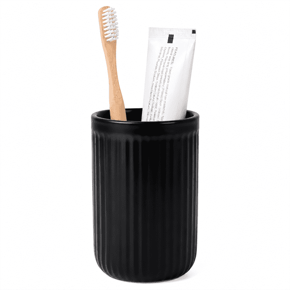 BosilunLife Toothbrush Holder, 14 oz Matte Ceramic Toothbrush Holder, Black Tooth Brush Holders Tumbler Cups, Reusable Toothbrush Mouthwash Cup