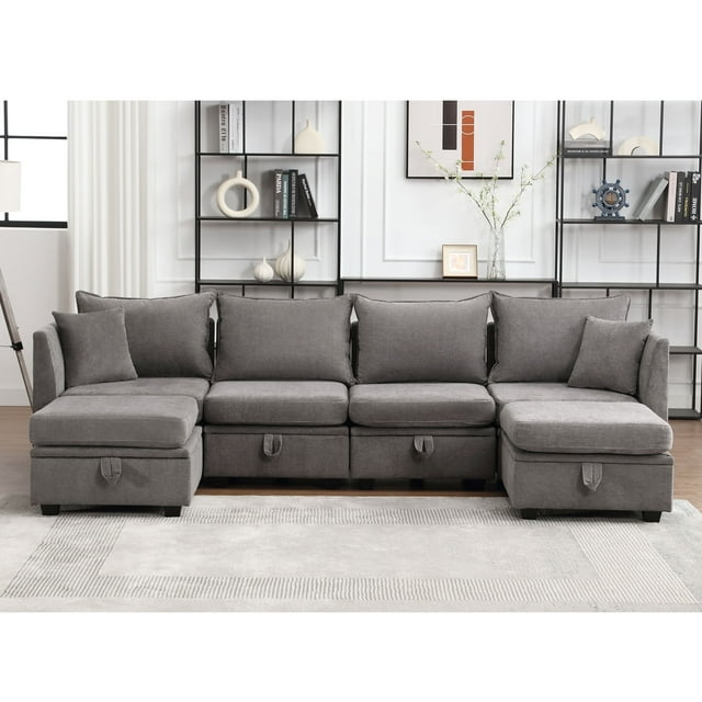 Bosmiller Modular Sectional Sofa, Convertible U Shaped Sofa Couch with Storage, 6 Seat Sleeper Sectional Sofa Set for Living Room