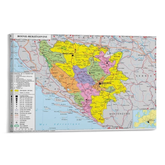 Bosnia And Herzegovina Map Poster Painting On Canvas Wall Art Poster Scroll Picture Print Living Room Walls Decor Home Posters 08x12inch(20x30cm)
