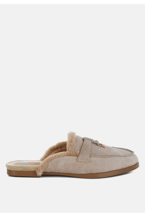 Bosnia Real Suede Leather Faux Fur Slip On Mules