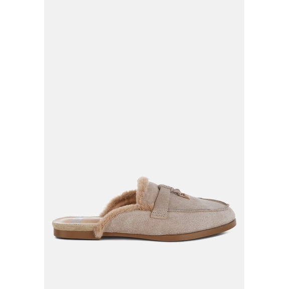 Bosnia Real Suede Leather Faux Fur Slip On Mules