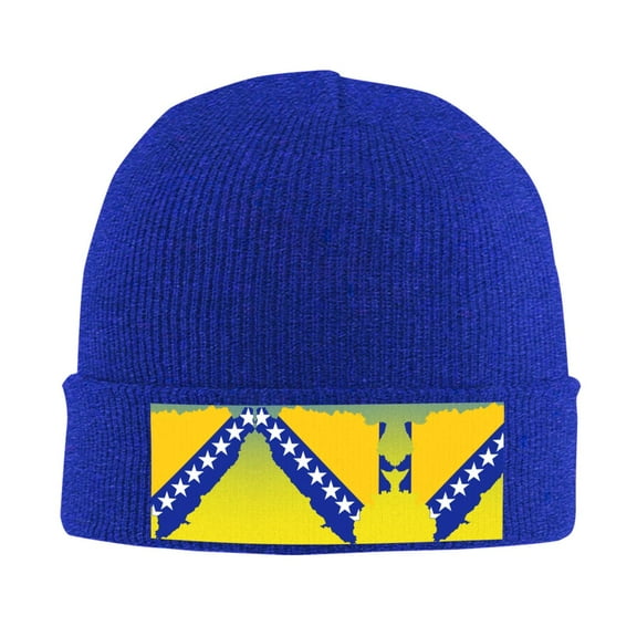 Bosnian Map Flag Winter Beanie Hats for Men Women Warm Cozy Knitted Cuffed Skull Cap Blue
