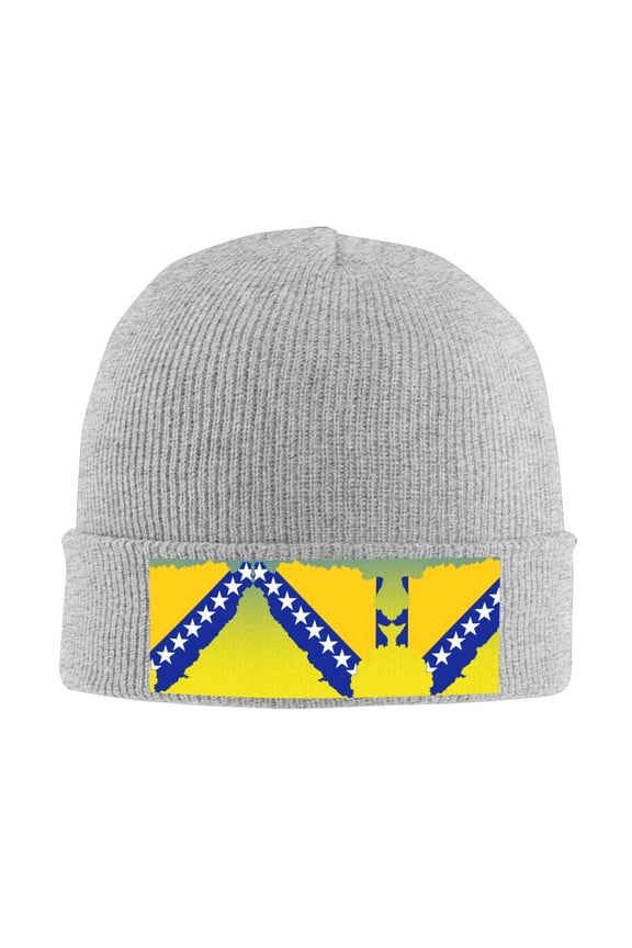 Bosnian Map Flag Winter Beanie Hats for Men Women Warm Cozy Knitted Cuffed Skull Cap Gray
