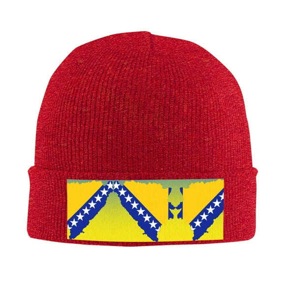 Bosnian Map Flag Winter Beanie Hats for Men Women Warm Cozy Knitted Cuffed Skull Cap Red