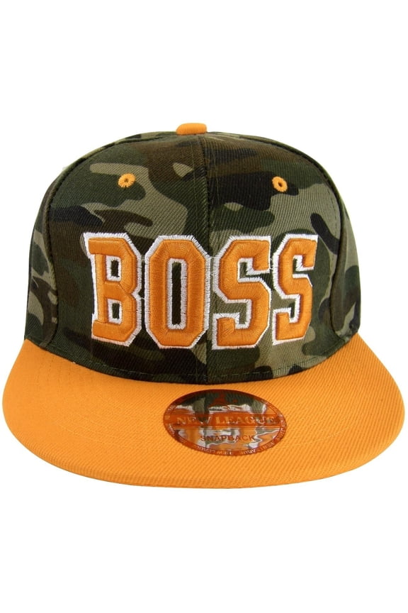 Boss Adjustable Snapback Baseball Cap with Script Under Bill (Camouflage/Orange)