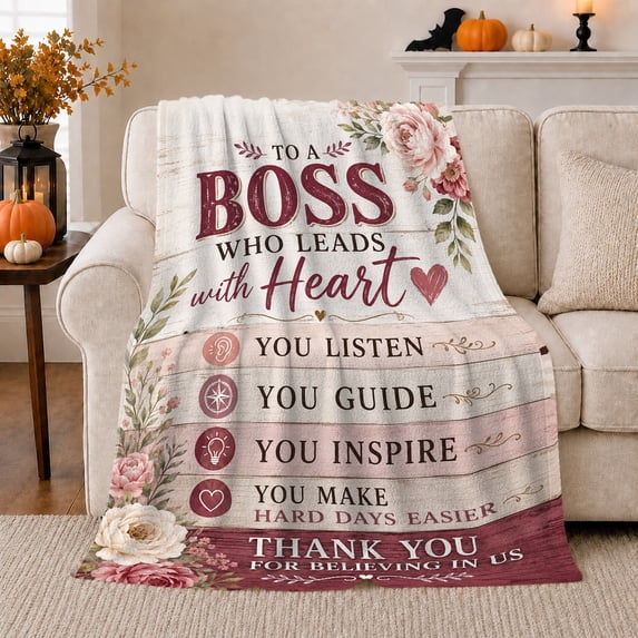 Boss Appreciation, Cozy Typography Art Scene, Warm Flannel Blanket for Living Room and Reading Nook with Detailed Artwork, Art Lovers Thank You Gift, Artistic Home Decor