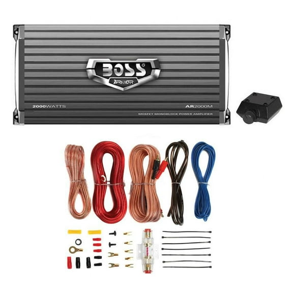 Boss Armor AR2000M 2000W Mono Car Audio Amplifier & Amp Wire Kit & Bass Remote